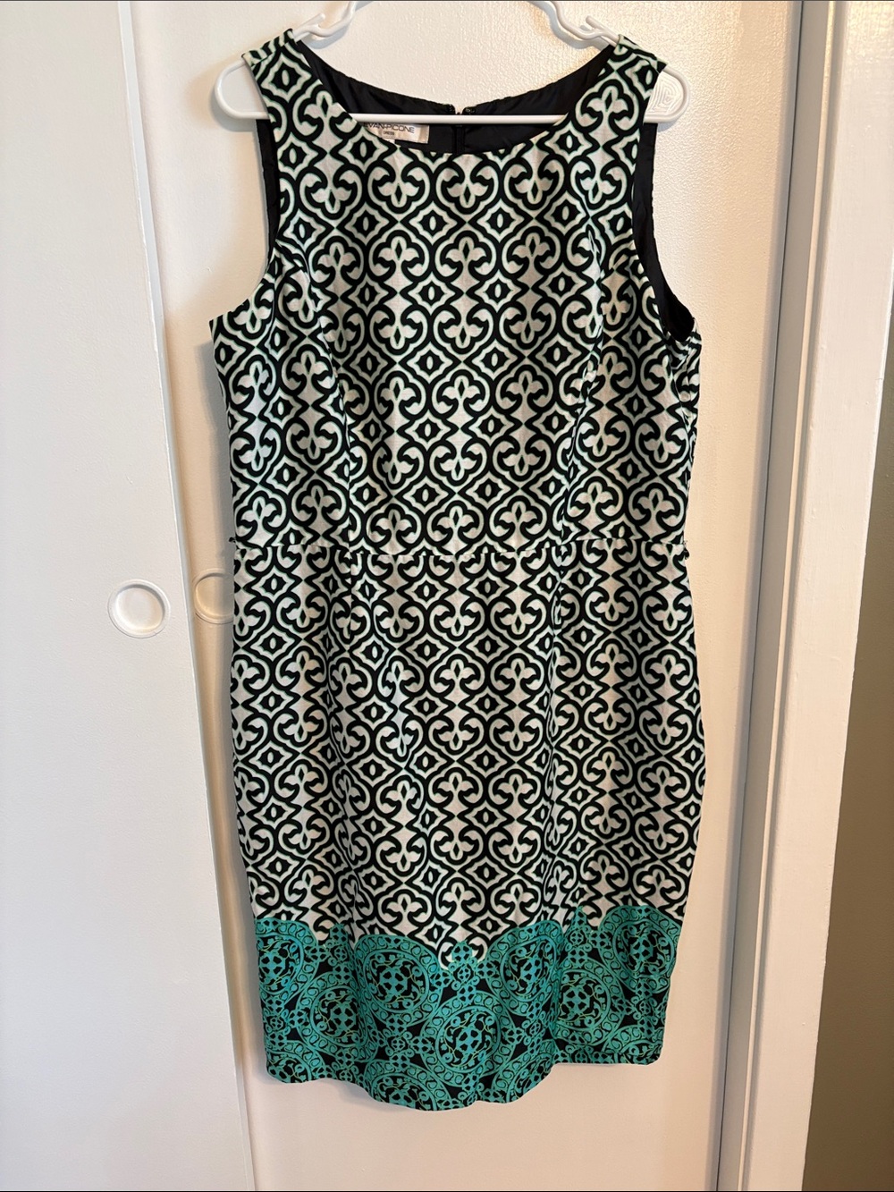 Evan Picone Black and Mint Geometric Sheath Dress